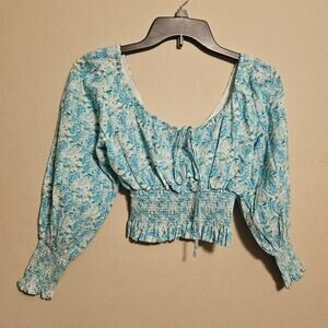 RIXO London Helena Smocked Crop Top Long Sleeve Blue and White Floral XXS